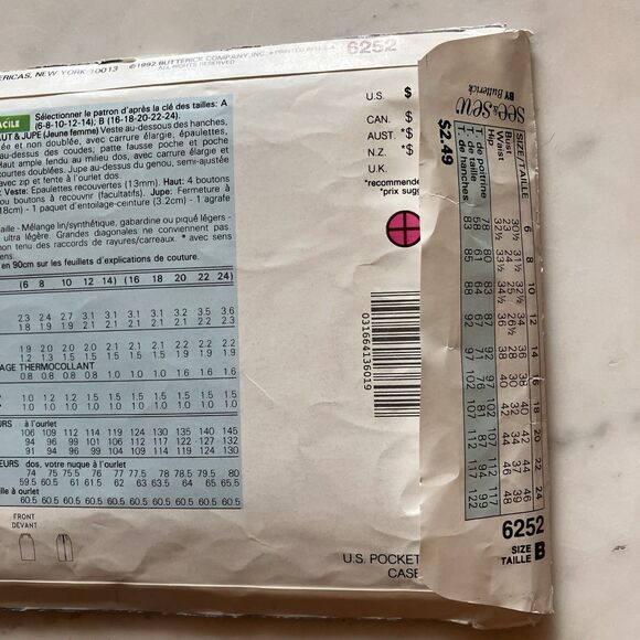 See & Sew Pattern 6252 Size B 16-18-20-22-24 Women's Jacket Top Skirt Uncut 1992 - Picture 5 of 6